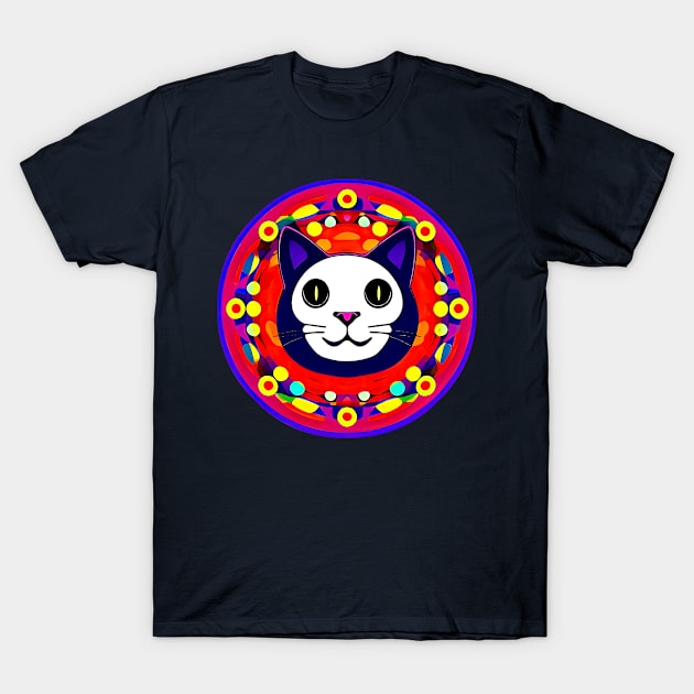 Funny Fantasy Cat Face Inside The Mandala Shape T-Shirt by funfun